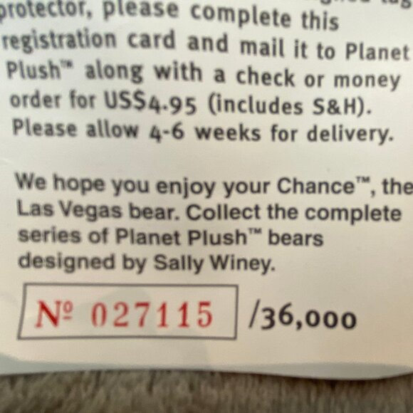 Planet Plush 'Chance' Las Vegas Bear by Sally Winey Vintage 1998 Collectable - Picture 7 of 7